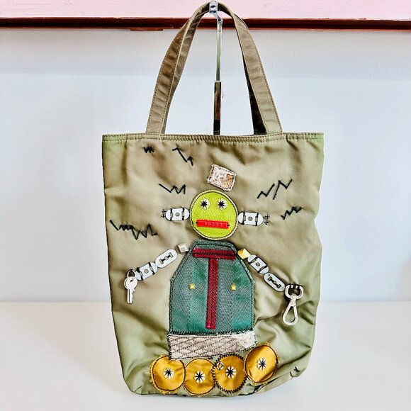 AUTHENTIC PRADA NYLON STUDDED ROBOT ARMY GREEN OLIVE TOTE SHOPPERS BAG VINTAGE - Picture 1 of 13
